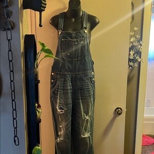 American Eagle Outfitters Distressed Blue Denim Overalls